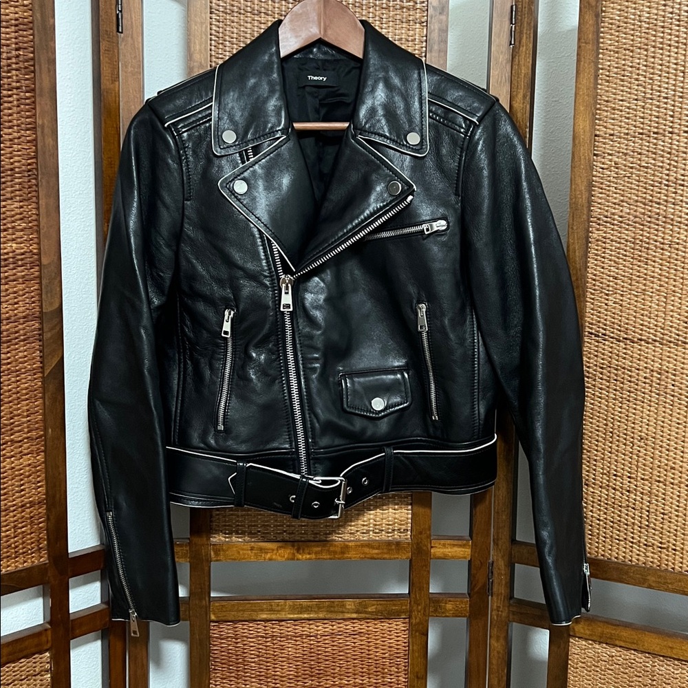 Theory Leather Shrunken Moto Jacket Size M - Picture 3 of 5